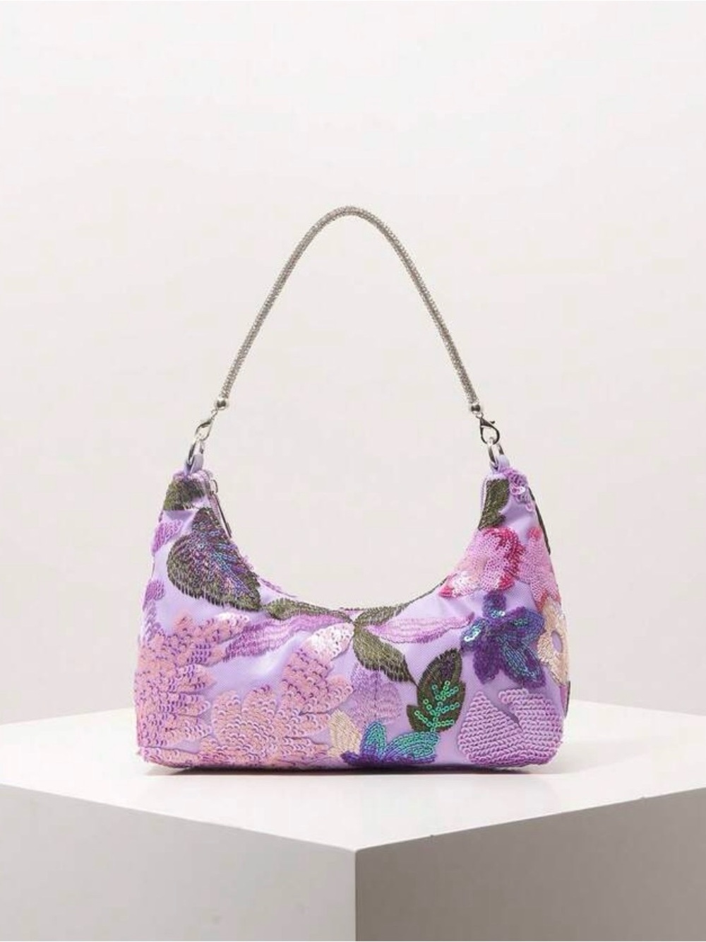 Lilac Embroidered Floral Shoulder Bag with Chain Strap